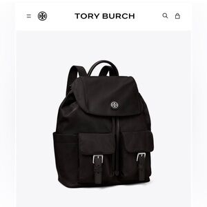 Tory Burch Virginia Black Nylon Backpack Logo Medallion Drawstring